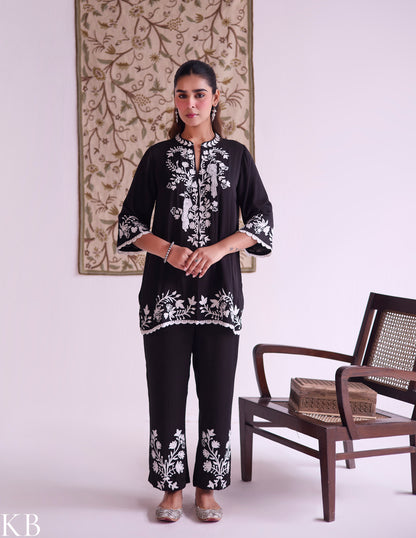 Black–White Modal Satin Coord Set with Fine Aari Embroidery — Bulbul Collection | Kashmiri Summer Festive Wear - Kashmir Box