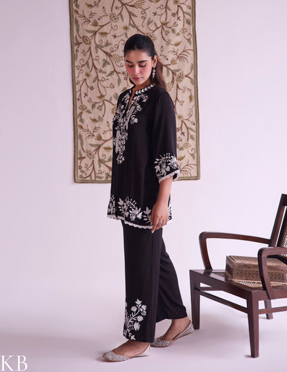Black–White Modal Satin Coord Set with Fine Aari Embroidery — Bulbul Collection | Kashmiri Summer Festive Wear - Kashmir Box
