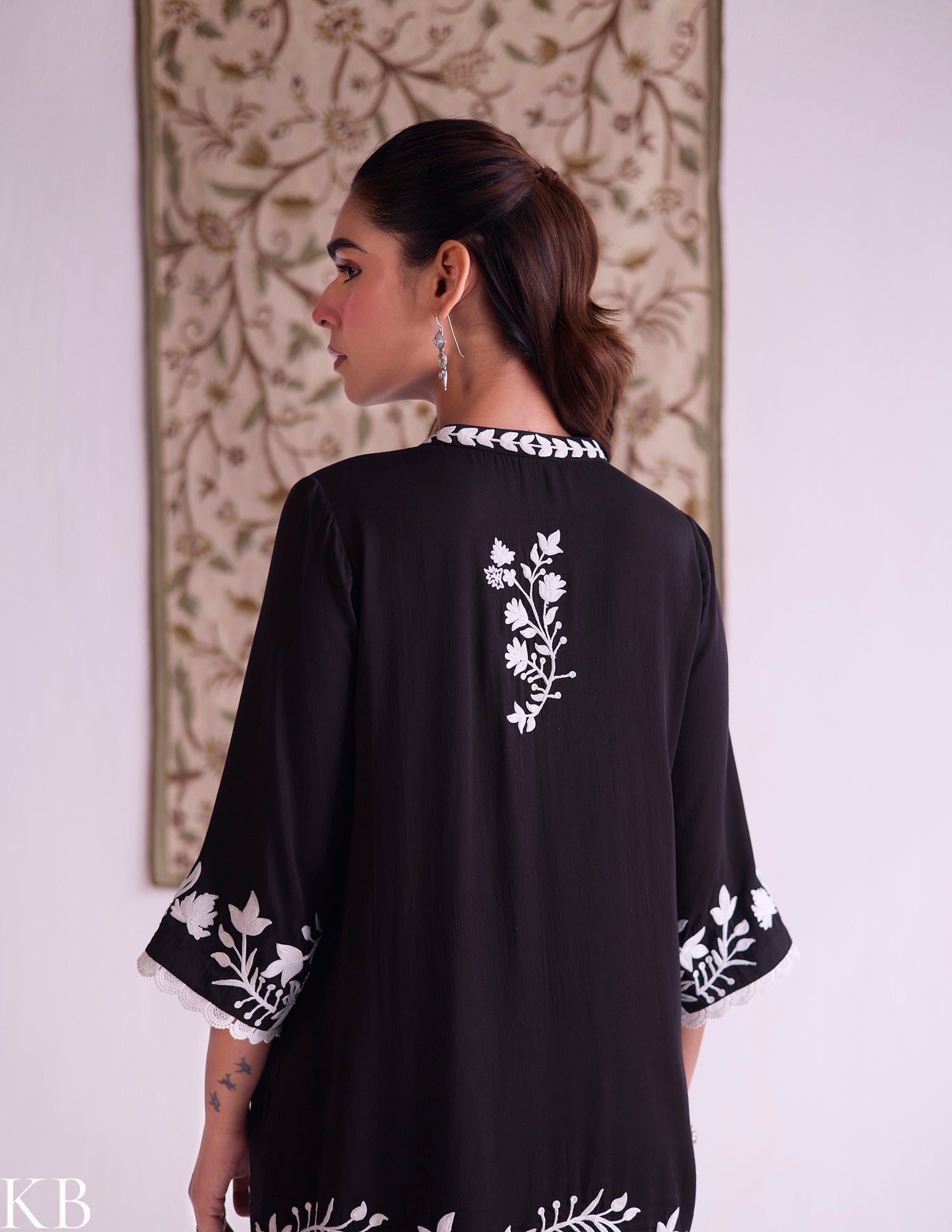 Black–White Modal Satin Coord Set with Fine Aari Embroidery — Bulbul Collection | Kashmiri Summer Festive Wear - Kashmir Box