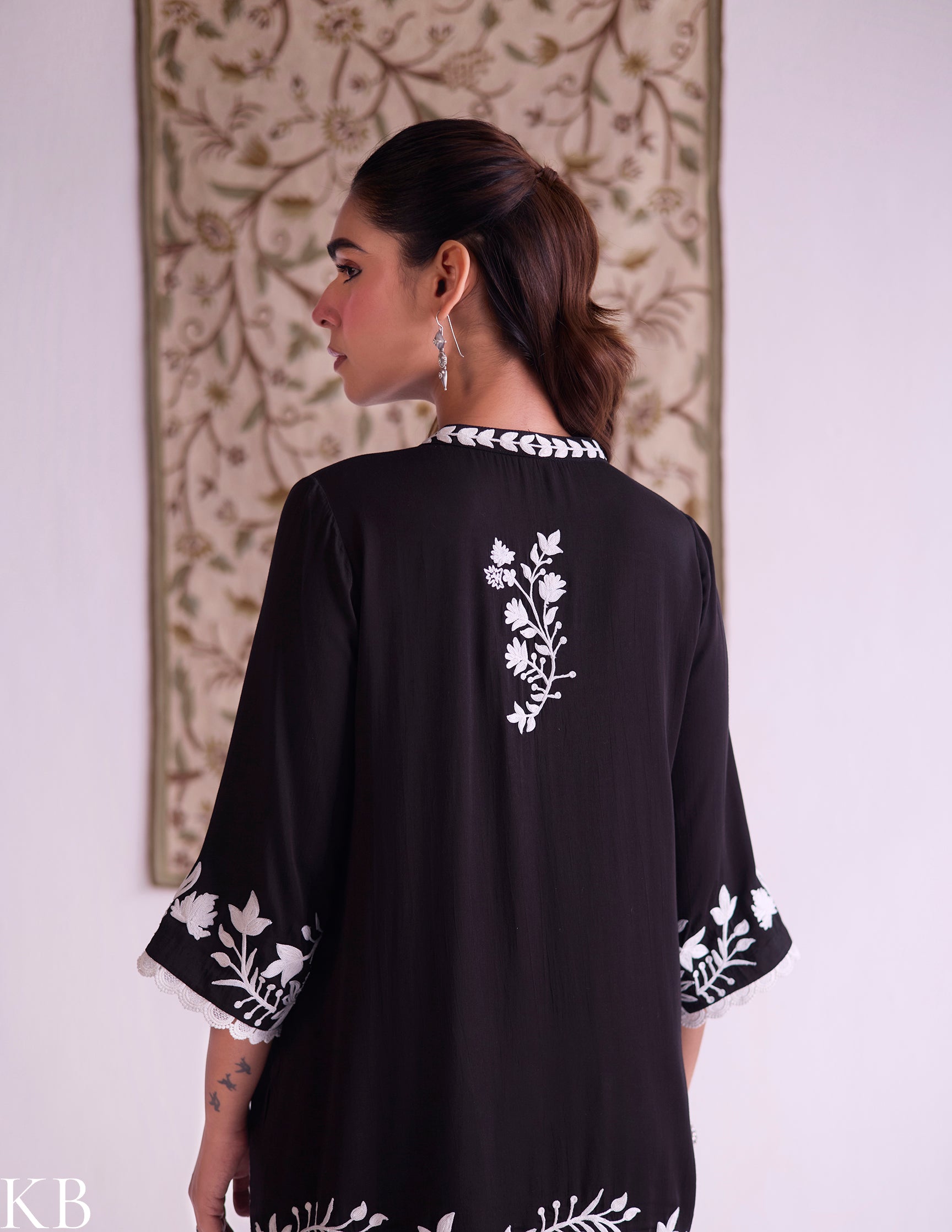 Black–White Modal Satin Coord Set with Fine Aari Embroidery — Bulbul Collection | Kashmiri Summer Festive Wear - Kashmir Box