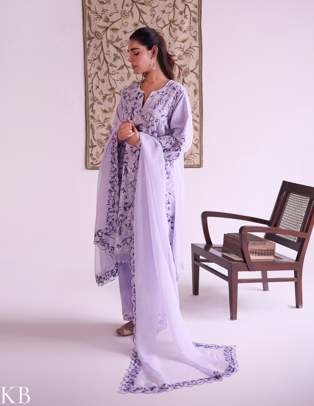 Lilac Cotton Satin Suit Set with Fine Aari Embroidery &amp; Organza Dupatta — Bulbul Collection | Kashmiri Summer Festive Wear - Kashmir Box