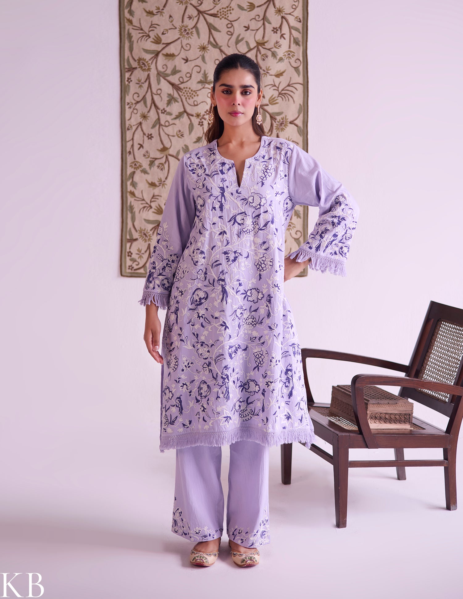 Lilac Cotton Satin Suit Set with Fine Aari Embroidery &amp; Organza Dupatta — Bulbul Collection | Kashmiri Summer Festive Wear - Kashmir Box