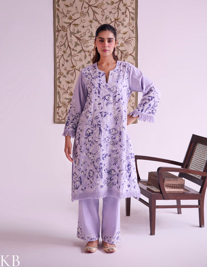 Lilac Cotton Satin Suit Set with Fine Aari Embroidery &amp; Organza Dupatta — Bulbul Collection | Kashmiri Summer Festive Wear - Kashmir Box
