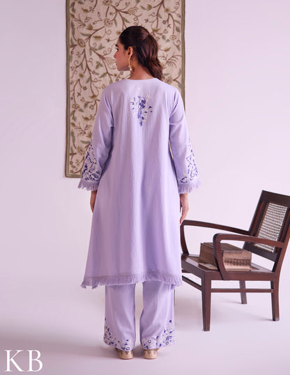 Lilac Cotton Satin Suit Set with Fine Aari Embroidery &amp; Organza Dupatta — Bulbul Collection | Kashmiri Summer Festive Wear - Kashmir Box