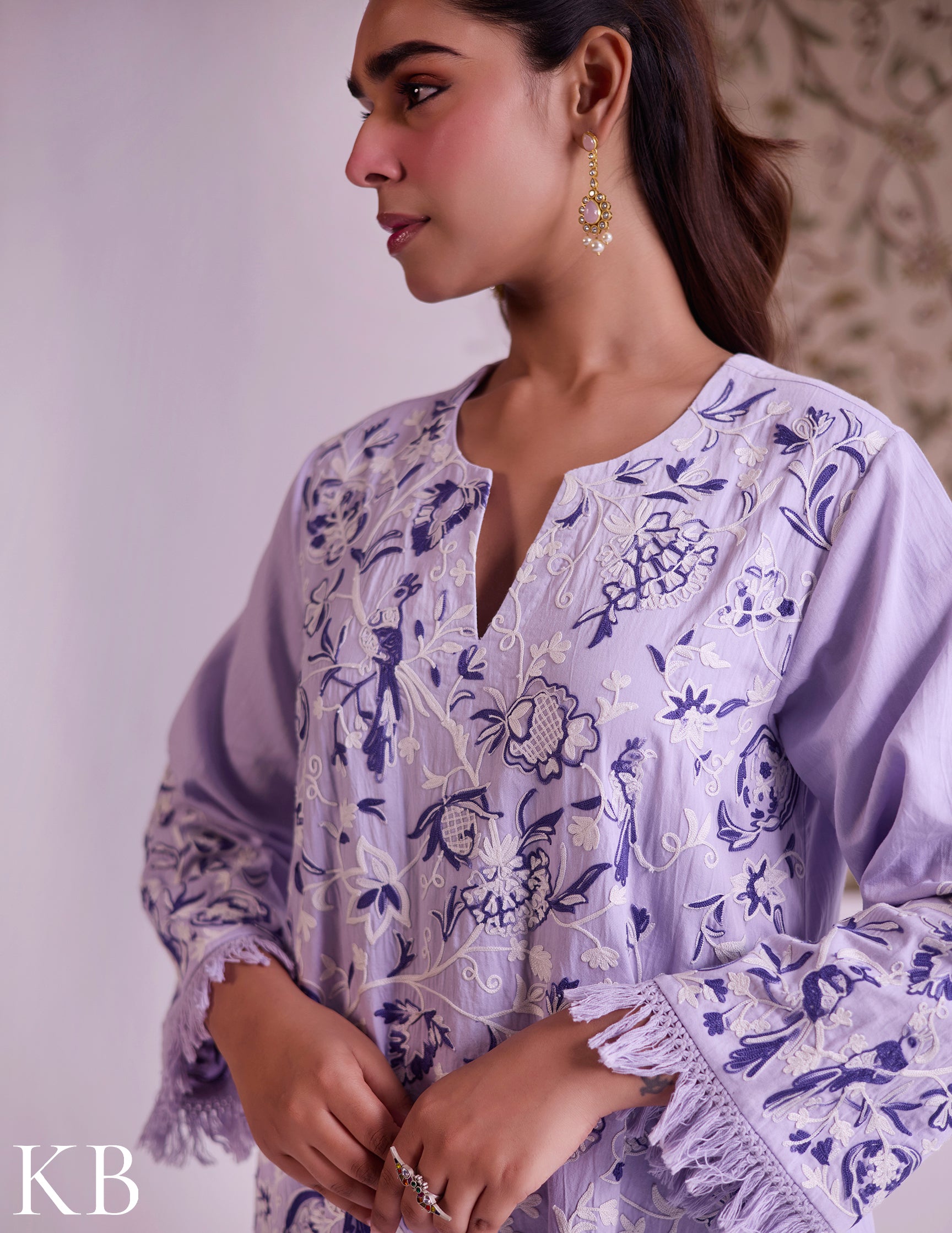Lilac Cotton Satin Suit Set with Fine Aari Embroidery &amp; Organza Dupatta — Bulbul Collection | Kashmiri Summer Festive Wear - Kashmir Box