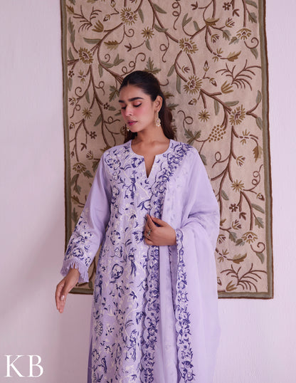 Lilac Cotton Satin Suit Set with Fine Aari Embroidery &amp; Organza Dupatta — Bulbul Collection | Kashmiri Summer Festive Wear - Kashmir Box