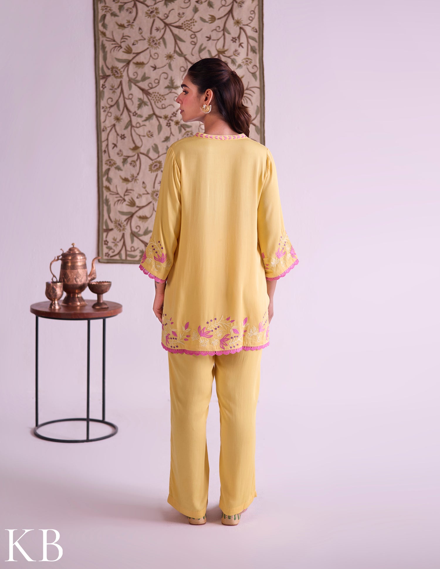 Mustard–Pink Modal Satin Coord Set with Fine Aari Embroidery — Bulbul Collection | Kashmiri Summer Festive Wear - Kashmir Box