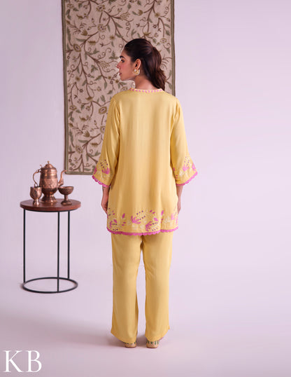 Mustard–Pink Modal Satin Coord Set with Fine Aari Embroidery — Bulbul Collection | Kashmiri Summer Festive Wear - Kashmir Box