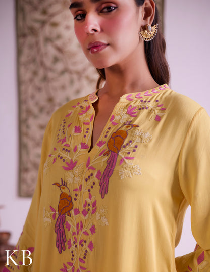 Mustard–Pink Modal Satin Coord Set with Fine Aari Embroidery — Bulbul Collection | Kashmiri Summer Festive Wear - Kashmir Box