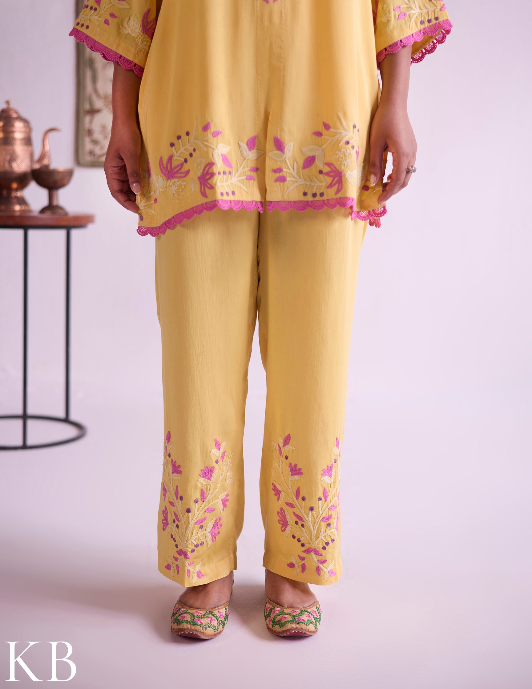 Mustard–Pink Modal Satin Coord Set with Fine Aari Embroidery — Bulbul Collection | Kashmiri Summer Festive Wear - Kashmir Box