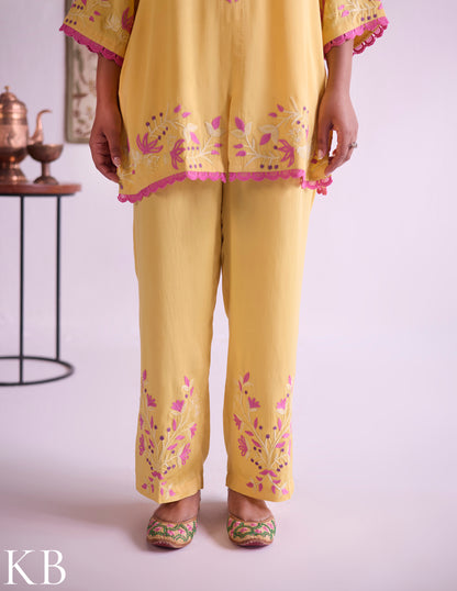 Mustard–Pink Modal Satin Coord Set with Fine Aari Embroidery — Bulbul Collection | Kashmiri Summer Festive Wear - Kashmir Box