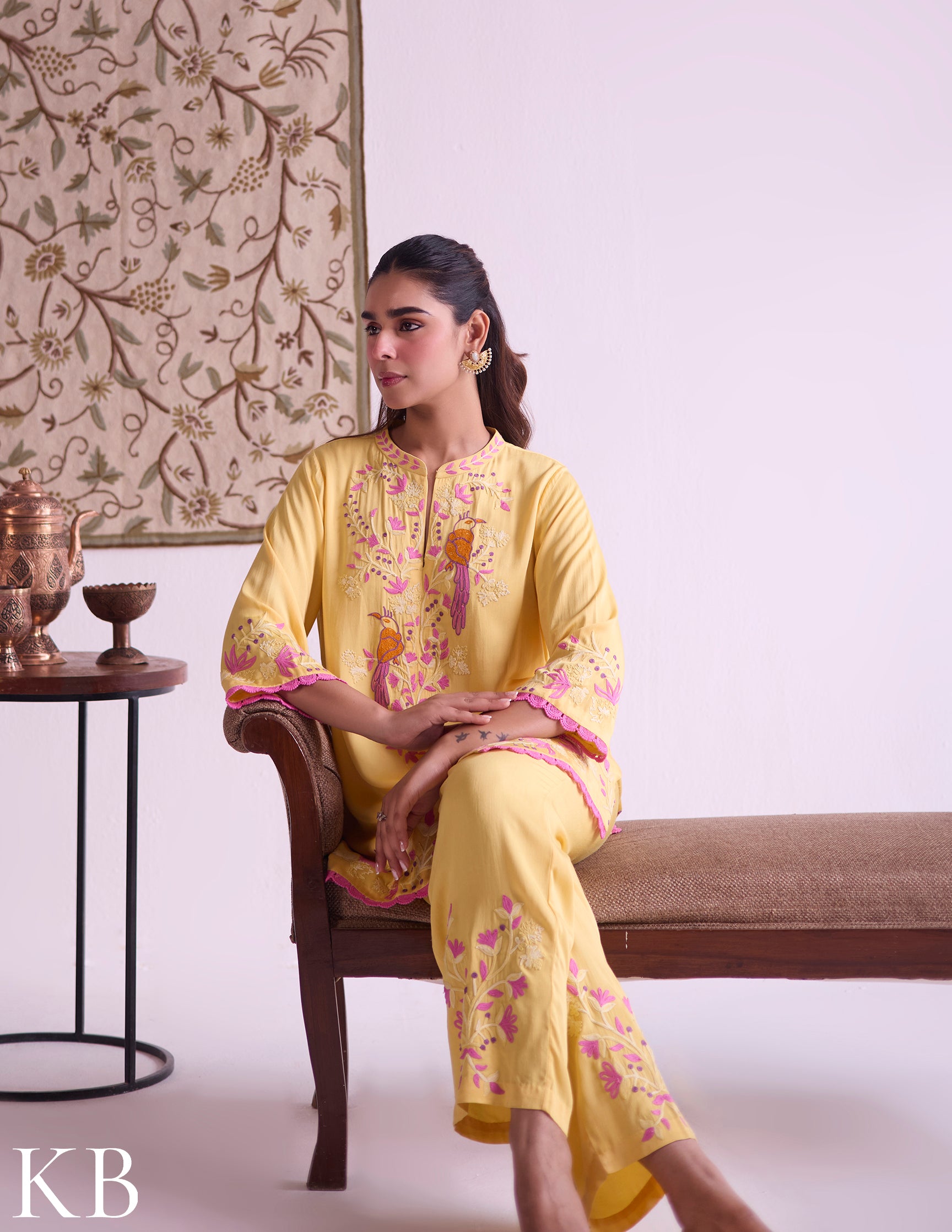 Mustard–Pink Modal Satin Coord Set with Fine Aari Embroidery — Bulbul Collection | Kashmiri Summer Festive Wear - Kashmir Box