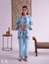 Sea-Blue Modal Satin Coord Set with Fine Aari Embroidery — Bulbul Collection | Kashmiri Summer Festive Wear - Kashmir Box