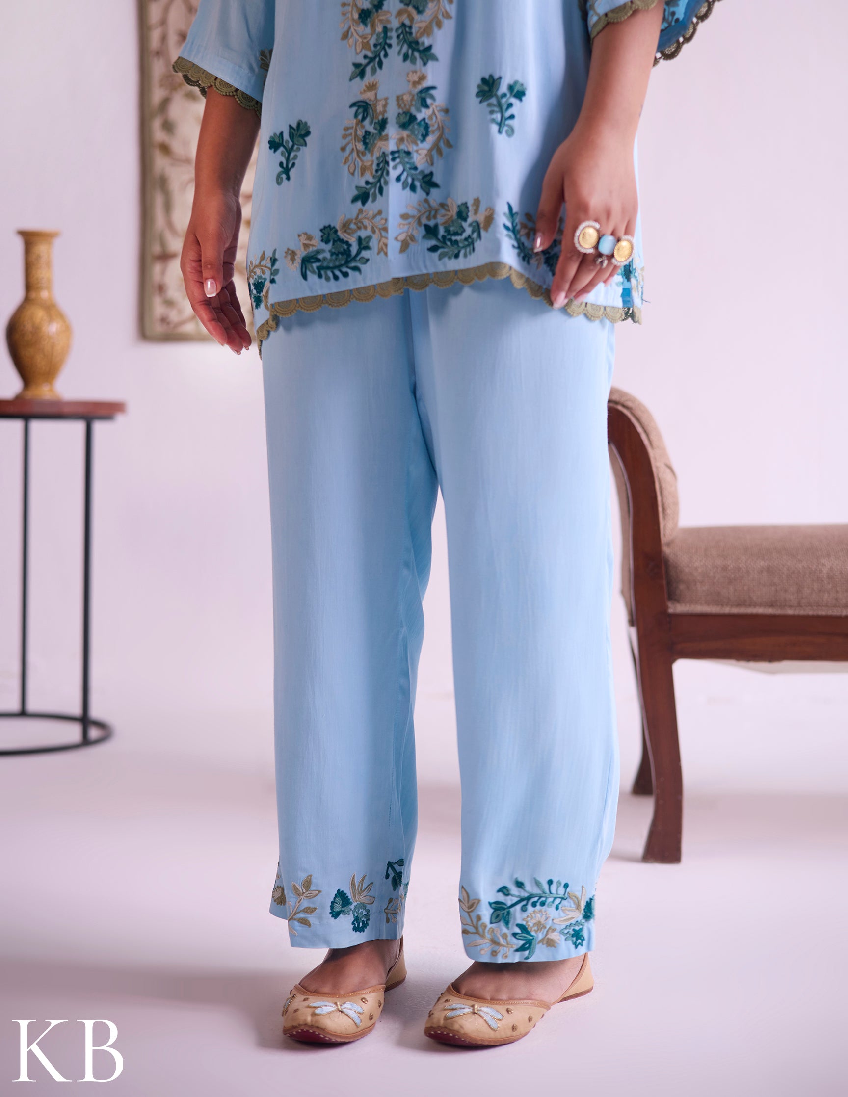 Sea-Blue Modal Satin Coord Set with Fine Aari Embroidery — Bulbul Collection | Kashmiri Summer Festive Wear - Kashmir Box