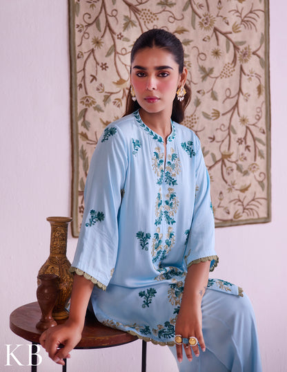 Sea-Blue Modal Satin Coord Set with Fine Aari Embroidery — Bulbul Collection | Kashmiri Summer Festive Wear - Kashmir Box