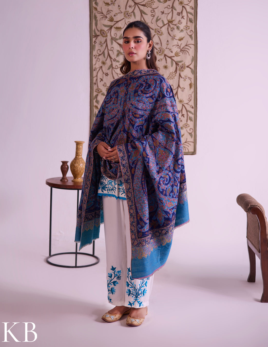 Kashmiri Handwoven Pashmina Jamawar Sozni Shawl – Blue Paisley | Handwoven Heritage - Kashmir Box