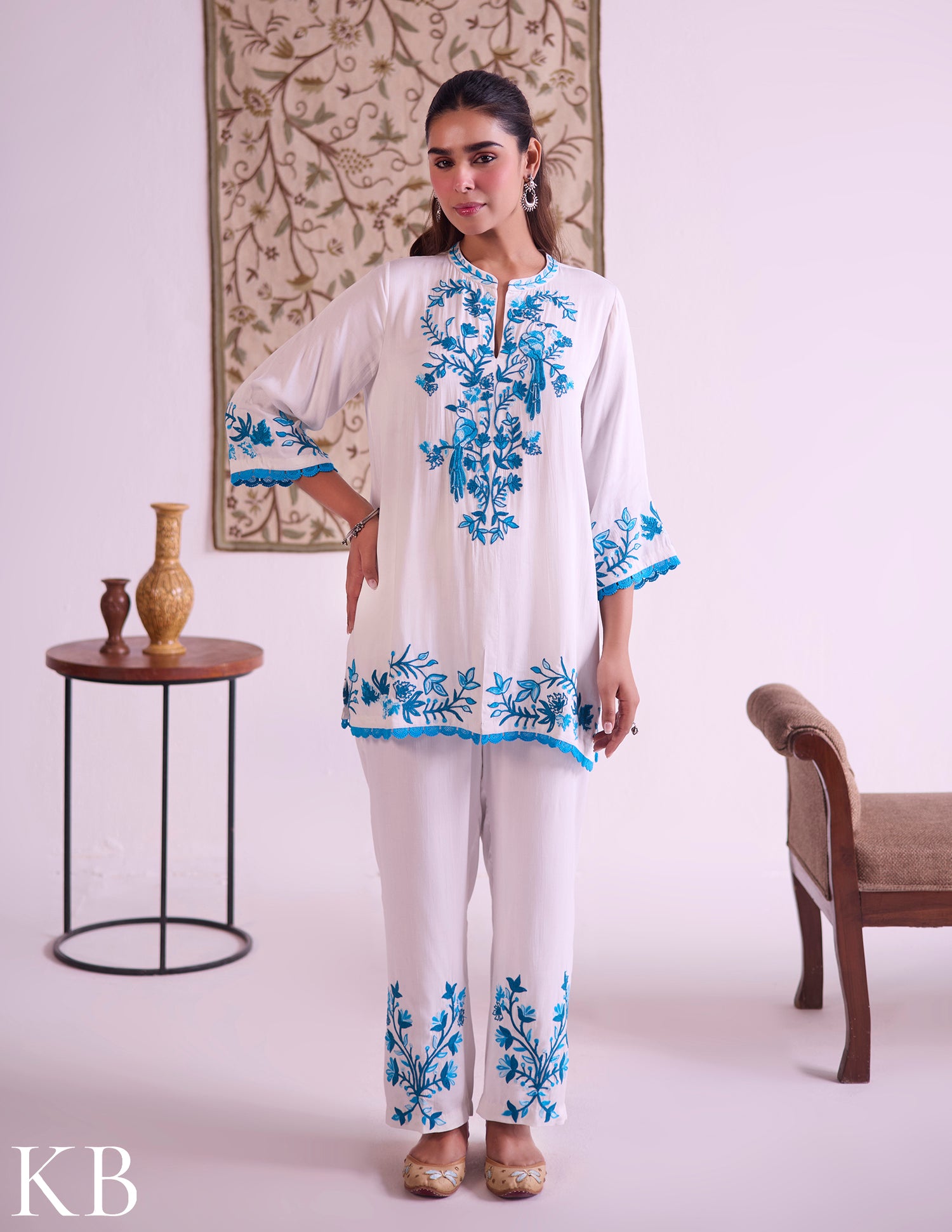 White–Blue Modal Satin Coord Set with Fine Aari Embroidery — Bulbul Collection | Kashmiri Summer Festive Wear - Kashmir Box