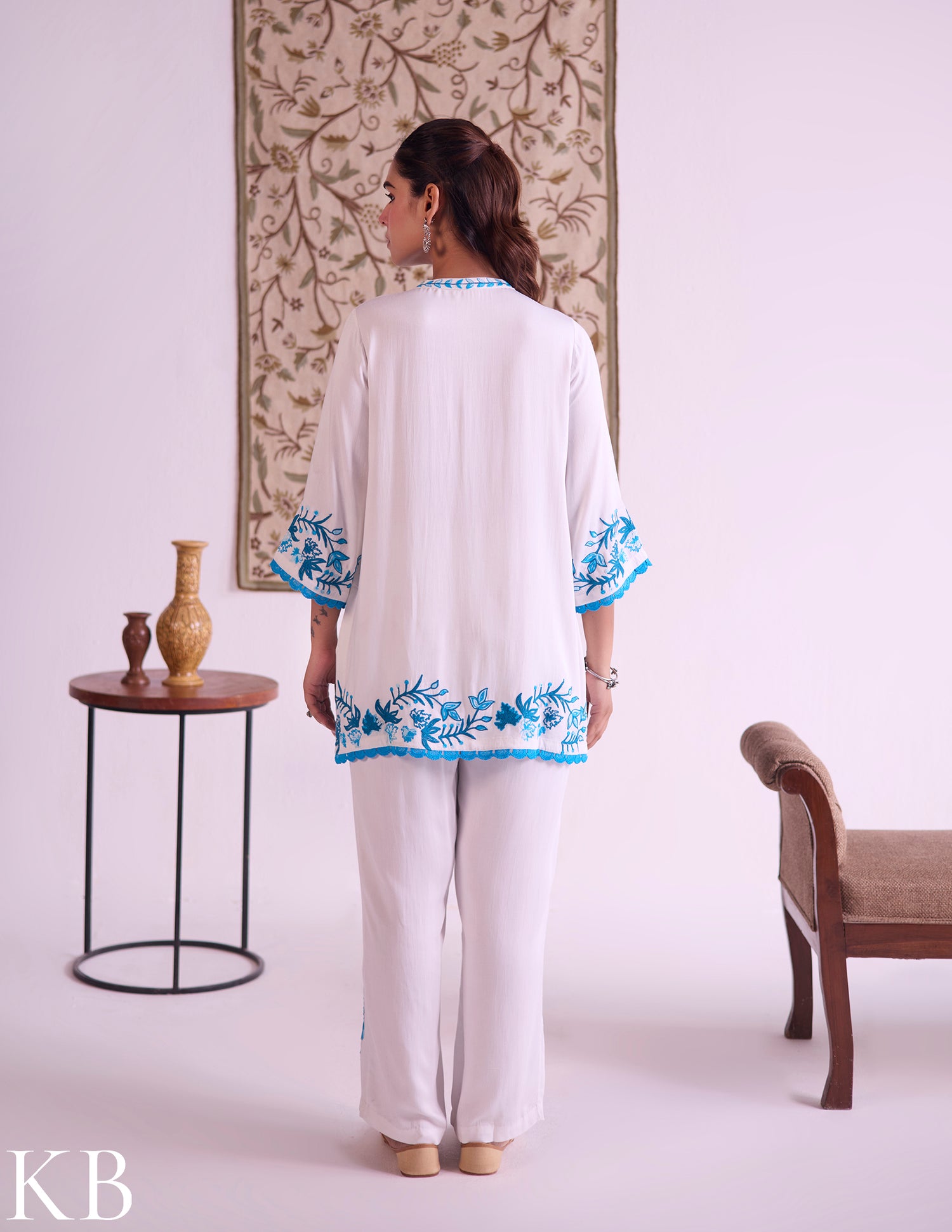 White–Blue Modal Satin Coord Set with Fine Aari Embroidery — Bulbul Collection | Kashmiri Summer Festive Wear - Kashmir Box