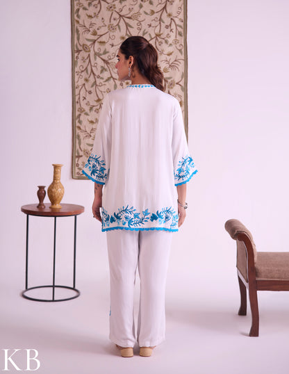 White–Blue Modal Satin Coord Set with Fine Aari Embroidery — Bulbul Collection | Kashmiri Summer Festive Wear - Kashmir Box