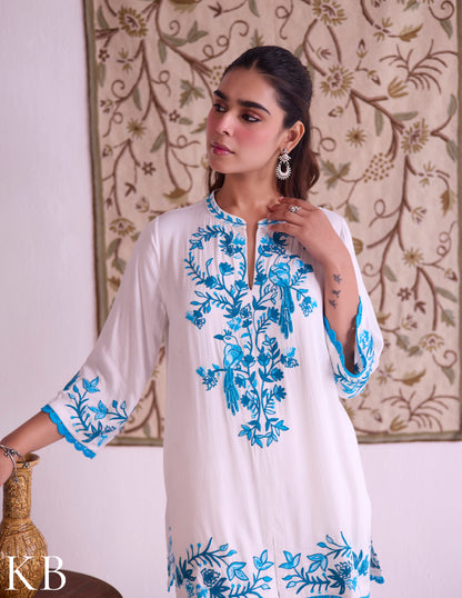White–Blue Modal Satin Coord Set with Fine Aari Embroidery — Bulbul Collection | Kashmiri Summer Festive Wear - Kashmir Box