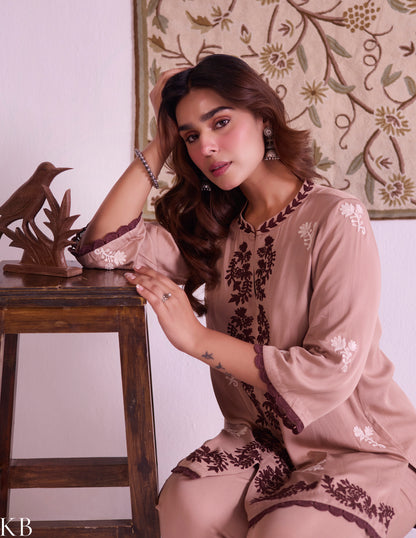 Mocha–Ivory Modal Satin Coord Set with Fine Aari Embroidery — Bulbul Collection | Kashmiri Summer Festive Wear - Kashmir Box