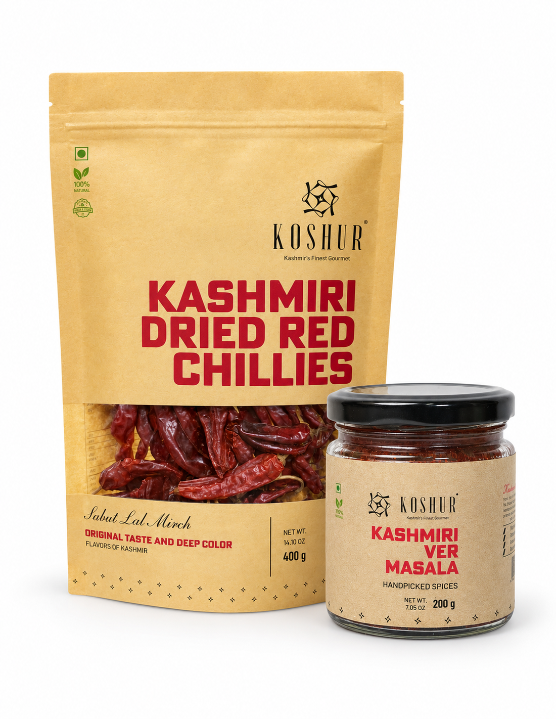 Koshur Kashmiri Dried Red Chillies &amp; Ver Masala Combo
