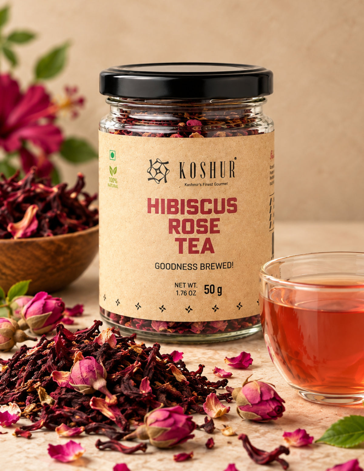 Hibiscus Rose Tea | Gudhal Gulab Chai |Best Herbal Flower Tea | Green Tea Leaves| Skin Detox Tea | Refreshing Tea | Uplifts Mood  (50 g)