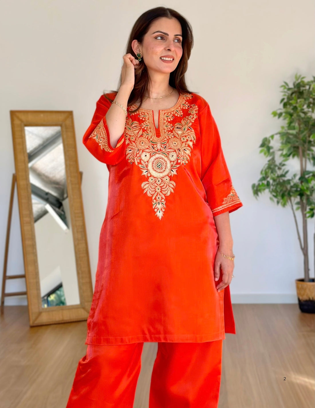 Kashmiri Tilla &amp; Thread Embroidered Silk Co-ord Set – Orange