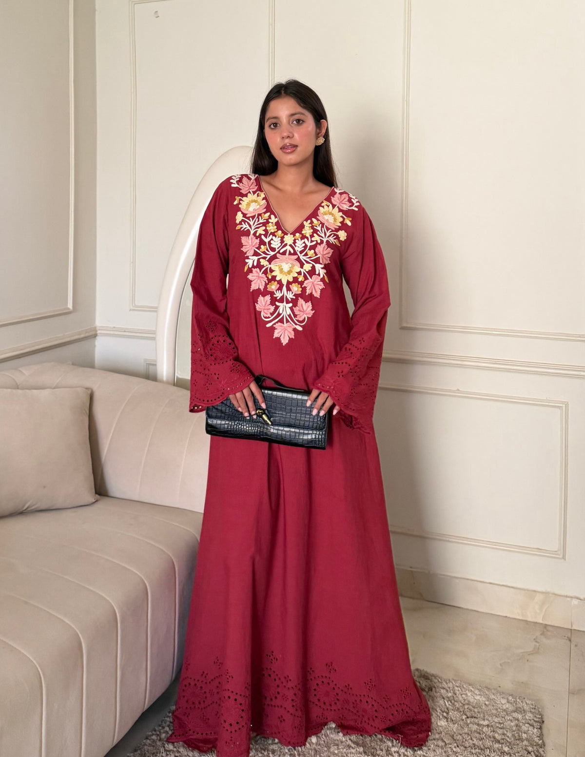 Burgundy Schiffli &amp; Aari Embroidered Cambric Cotton Gown - Kashmir Box