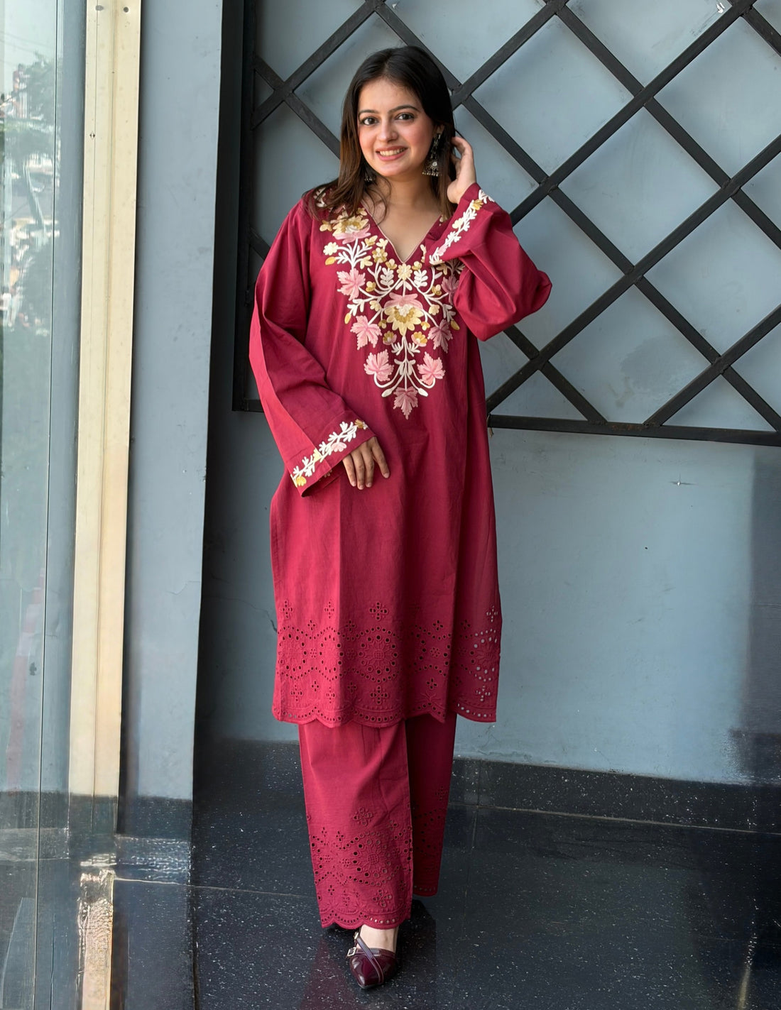 Burgundy Schiffli &amp; Aari Embroidered Cambric Cotton Co-ord Set