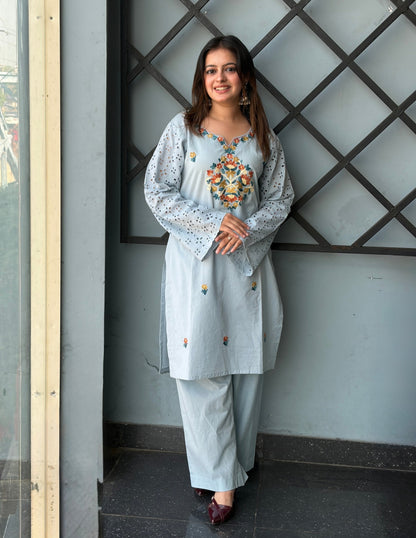 Light Blue Schiffli &amp; Aari Embroidered Cambric Cotton Co-ord Set - Kashmir Box