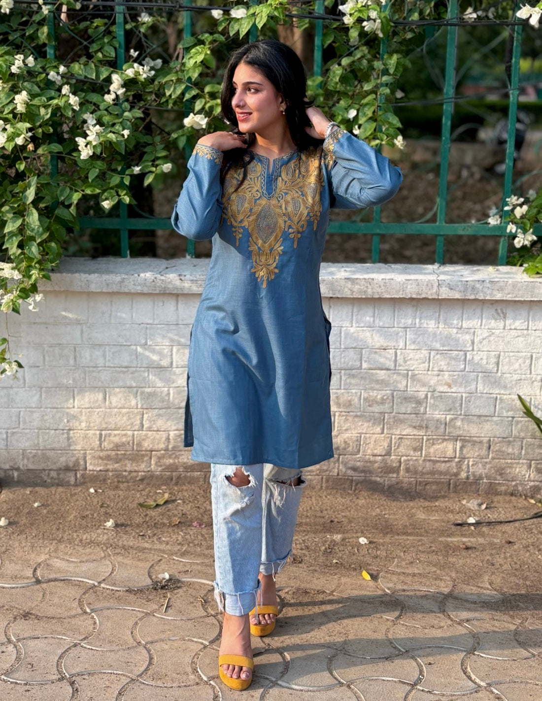 Teal Blue Cotton Kurti with Golden Kashmiri Aari Embroidery | AM to PM Wear | Bahaar Collection 2025 - Kashmir Box