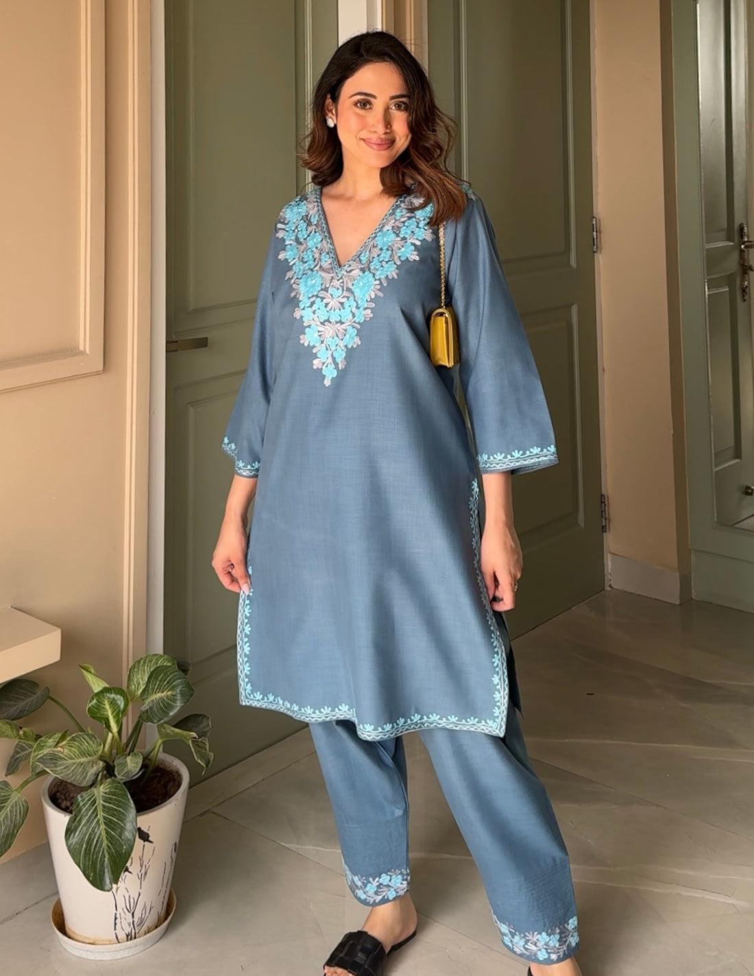 Slate Blue Kashmiri Aari Embroidered Ruby Cotton Co-ord Set for Women | Bahaar Collection 2025 - Kashmir Box