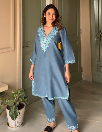 Slate Blue Kashmiri Aari Embroidered Ruby Cotton Co-ord Set for Women | Bahaar Collection 2025 - Kashmir Box
