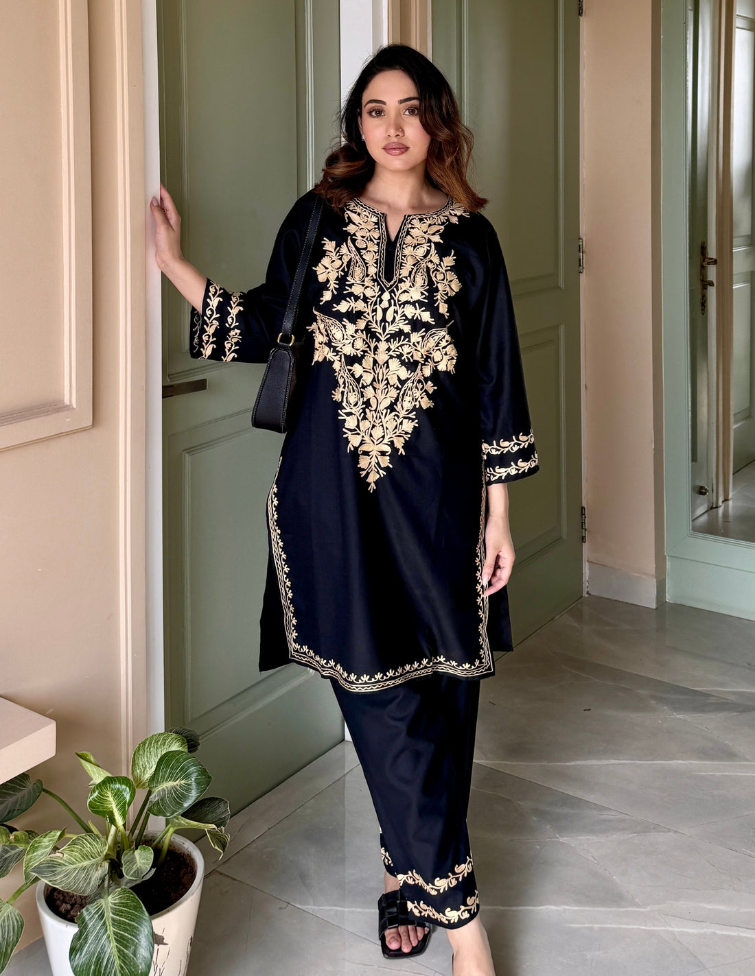 Black Cotton Coordset with Beige Floral Embroidery | Bahaar Collection 2025 - Kashmir Box