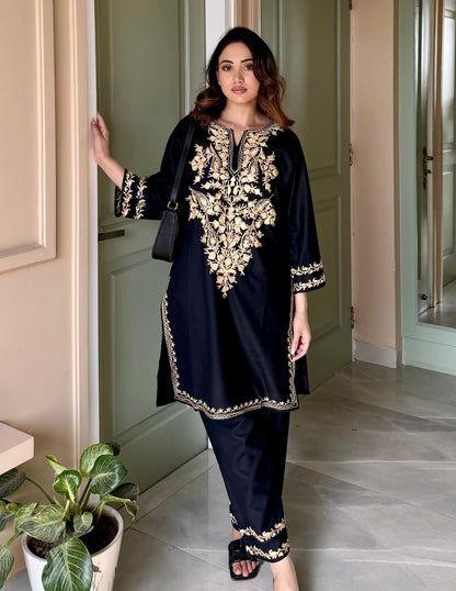 Black Cotton Coordset with Beige Floral Embroidery | Bahaar Collection 2025 - Kashmir Box