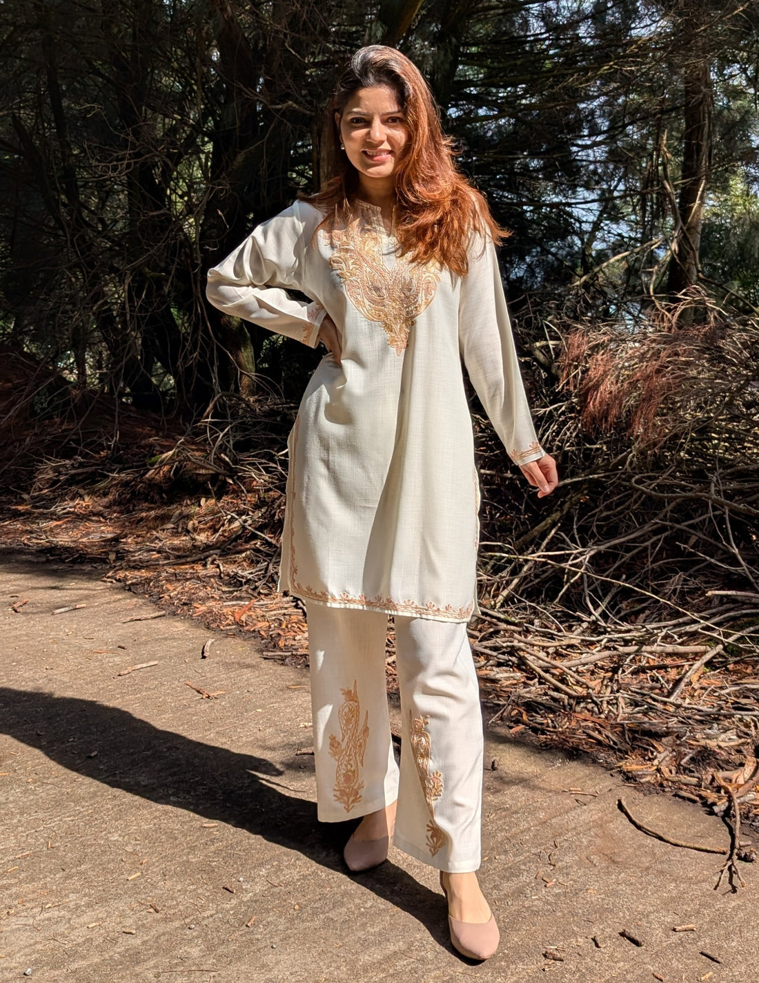 Nigeen Kashmiri Aari Embroidered Off White Ruby Cotton Co-ord Set for Women