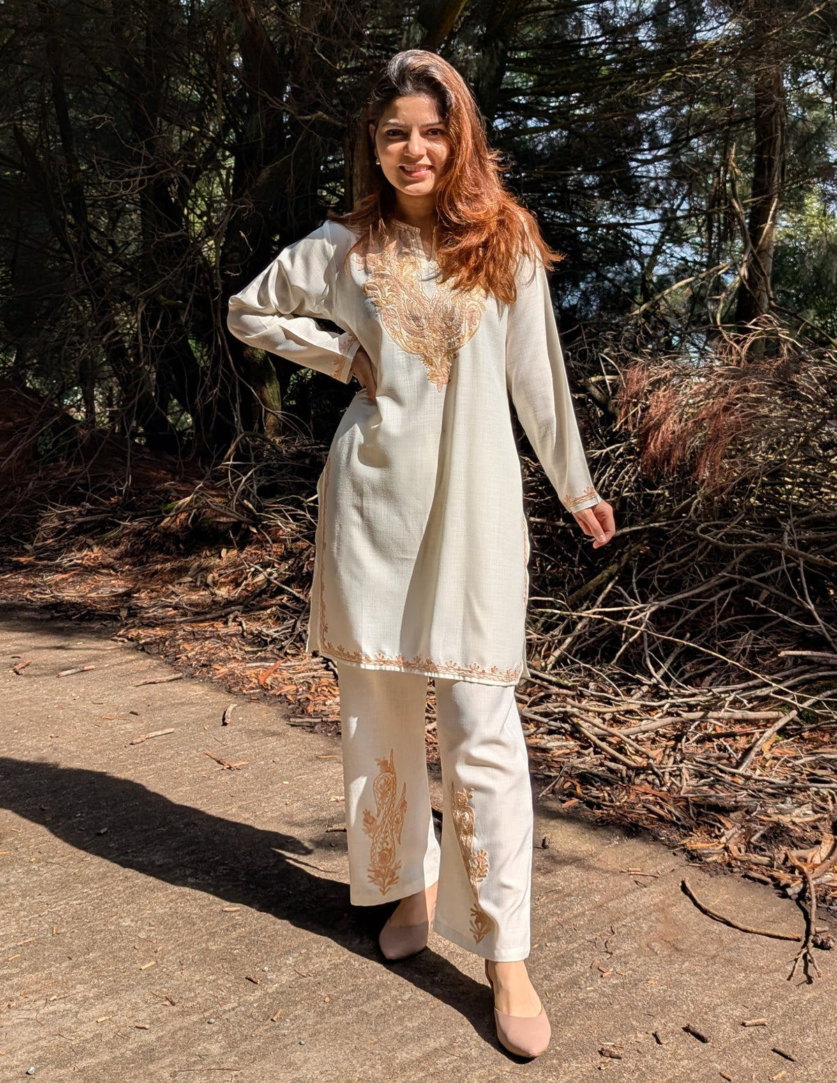 Nigeen Kashmiri Aari Embroidered Off White Ruby Cotton Co-ord Set for Women - Kashmir Box