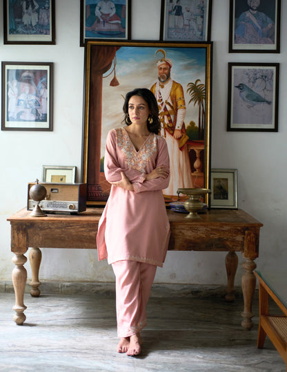 Nigeen Kashmiri Aari Dusky  Pink Co-ord Set