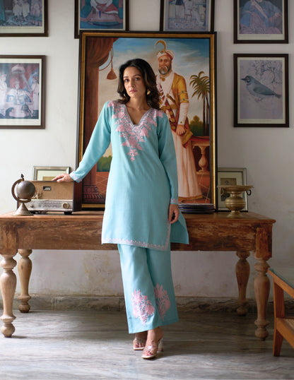 Nigeen Kashmiri Aari Embroidered Sky Blue Cotton Co-ord Set for Women