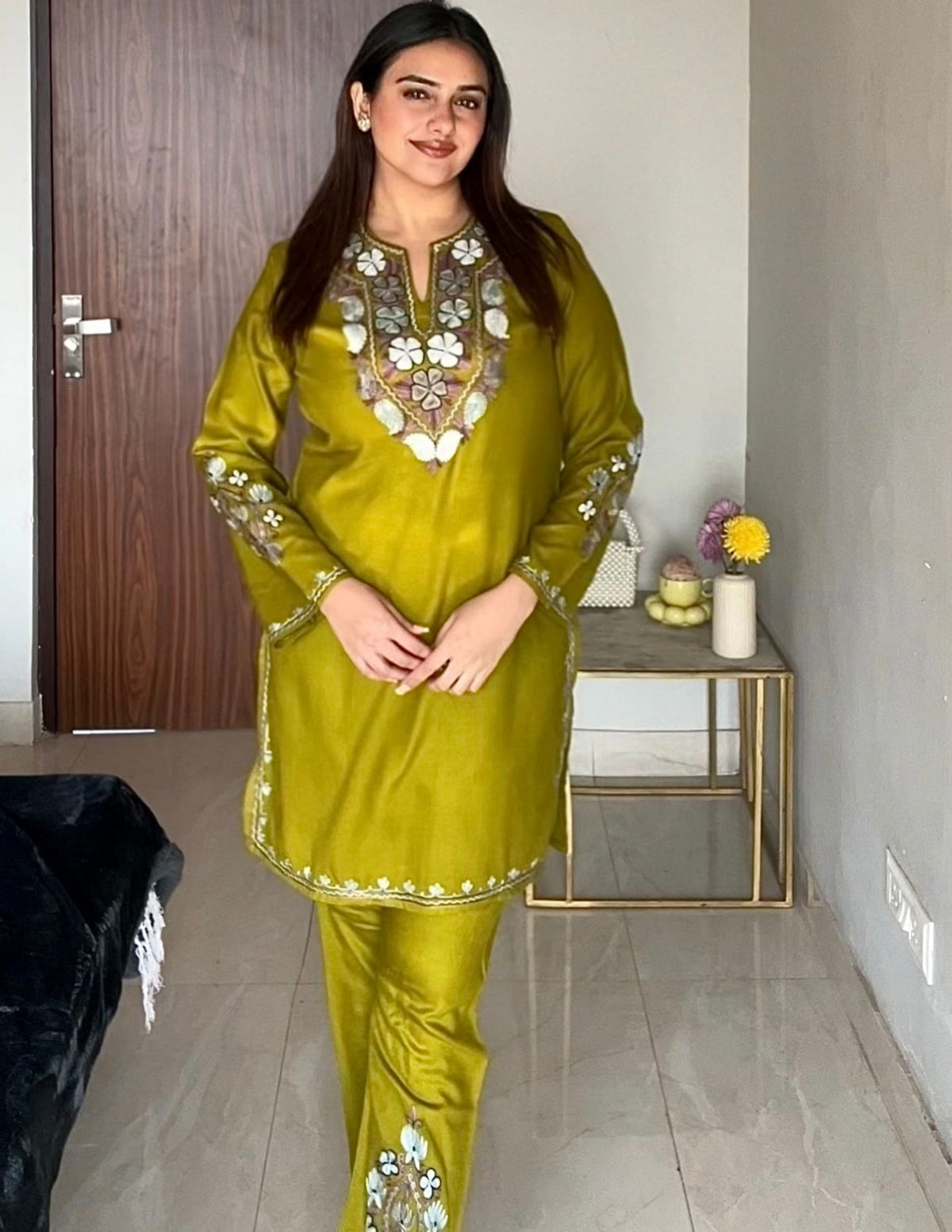 Kashmiri Grey &amp; Brown Aari Embroidered Woollen Coordset – Moong Green | Timeless Style
