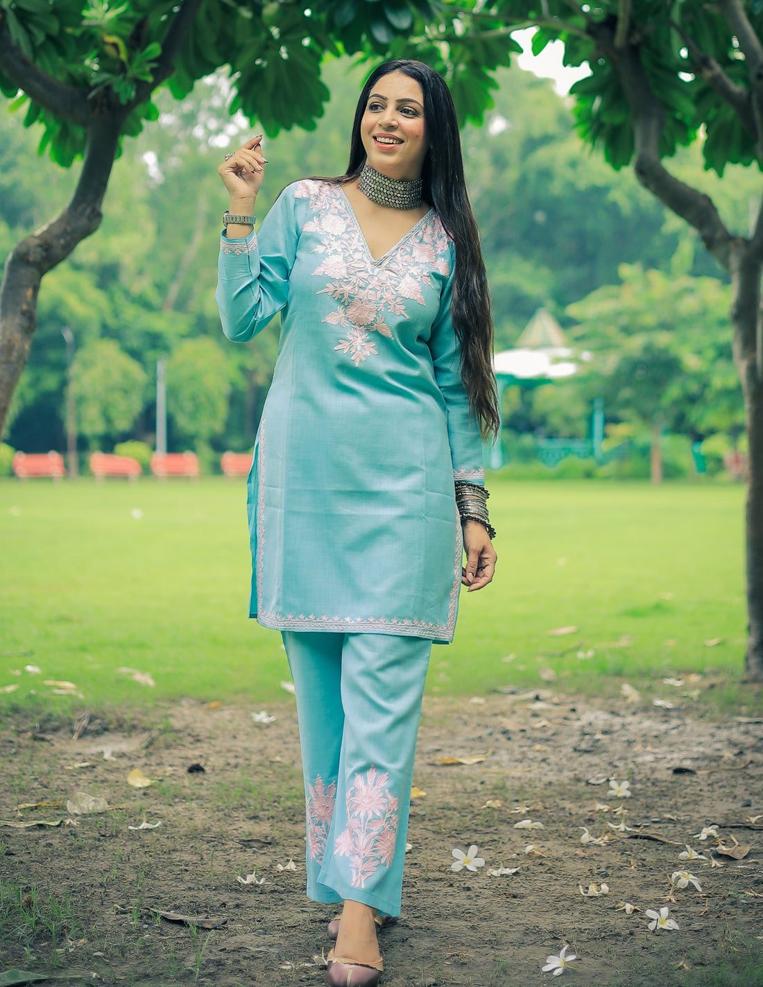 Nigeen Kashmiri Aari Embroidered Sky Blue Cotton Co-ord Set for Women - Kashmir Box