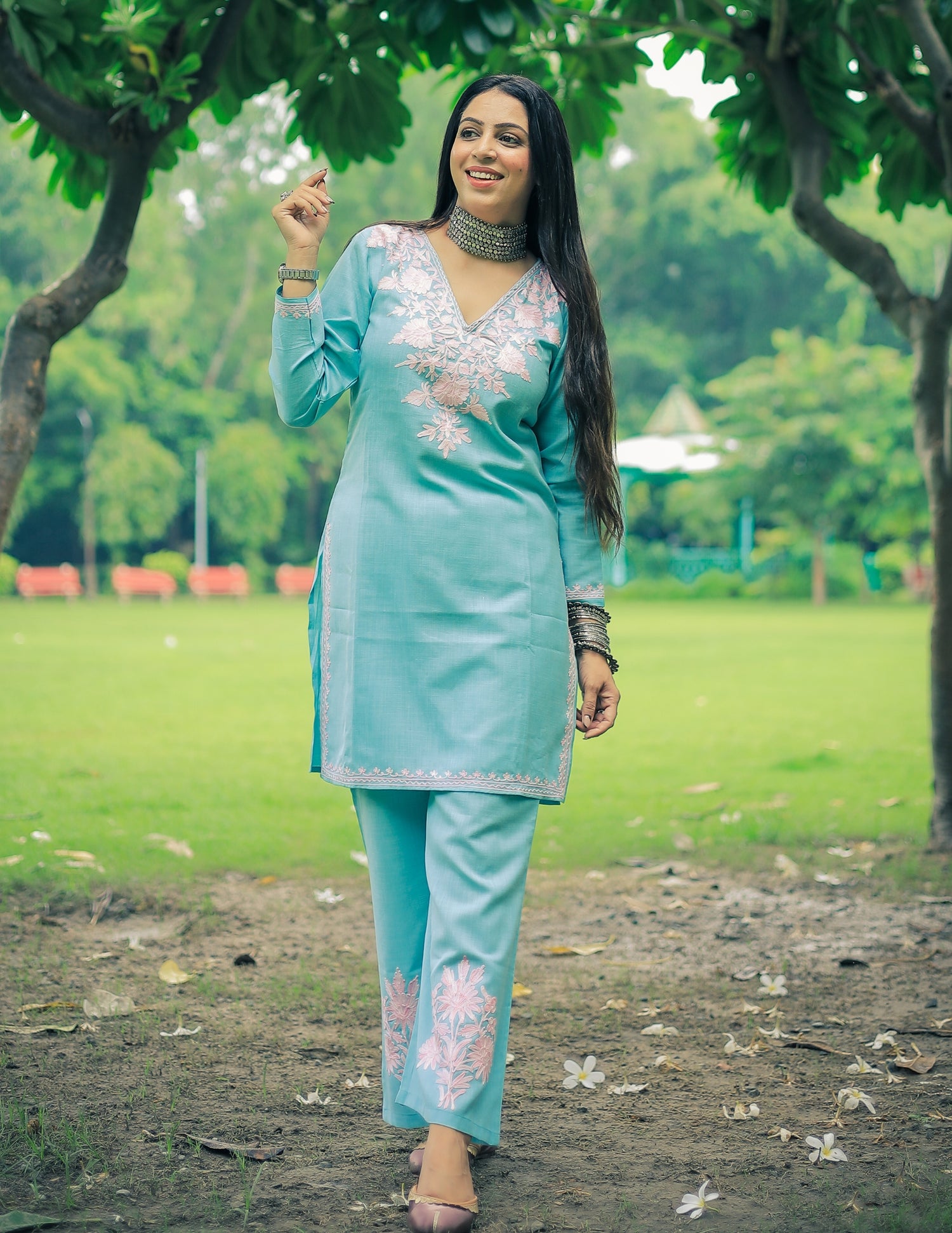 Nigeen Kashmiri Aari Embroidered Sky Blue Cotton Co-ord Set for Women - Kashmir Box