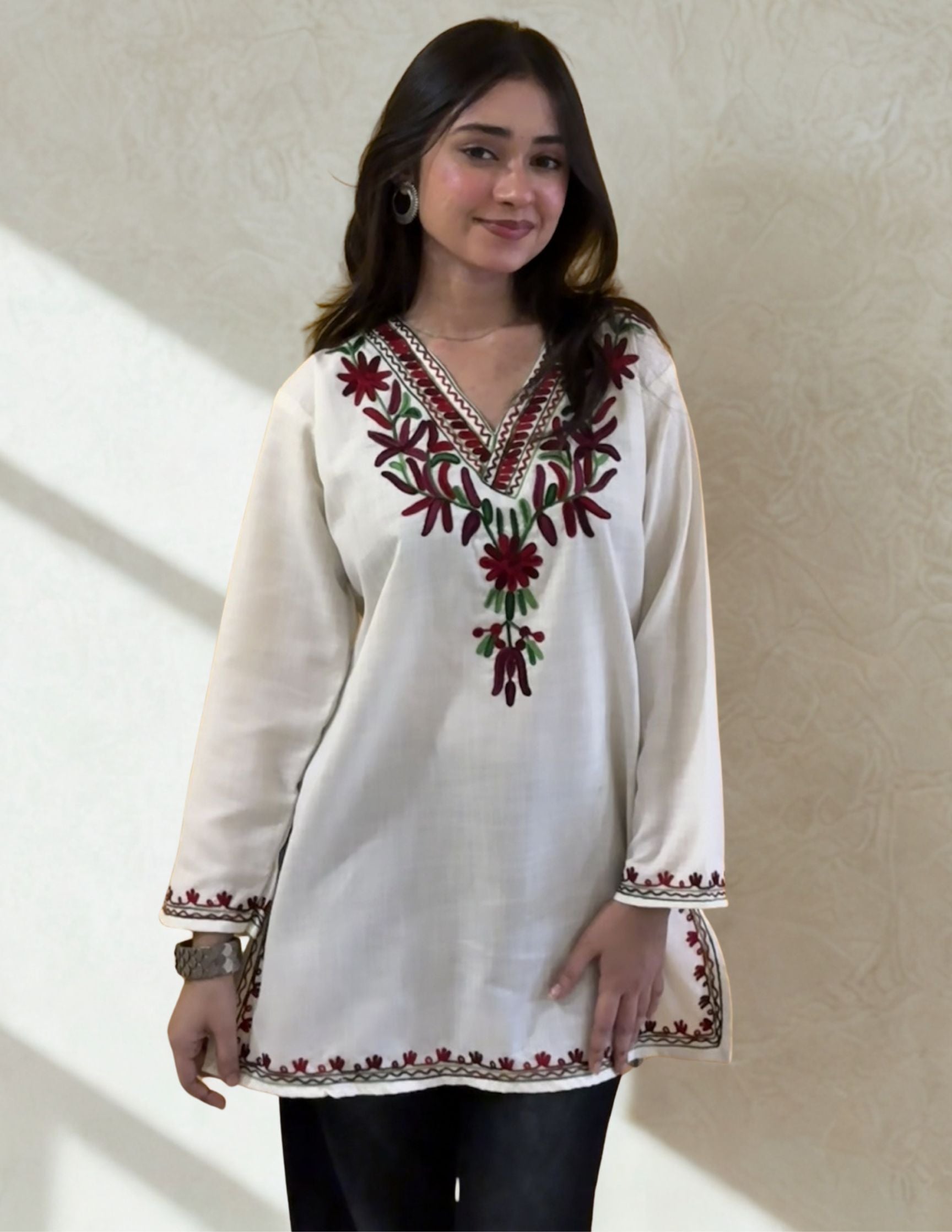White Kashmiri Aari Embroidered Cotton Kurti for Women | Multicolor Ethnic Wear - Kashmir Box