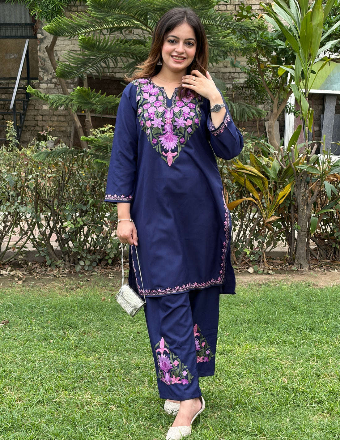 Blue Kashmiri Aari Embroidered Cotton Co-ord Set for Women | Multicolor Ethnic Wear