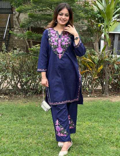 Blue Kashmiri Aari Embroidered Cotton Co-ord Set for Women | Multicolor Ethnic Wear