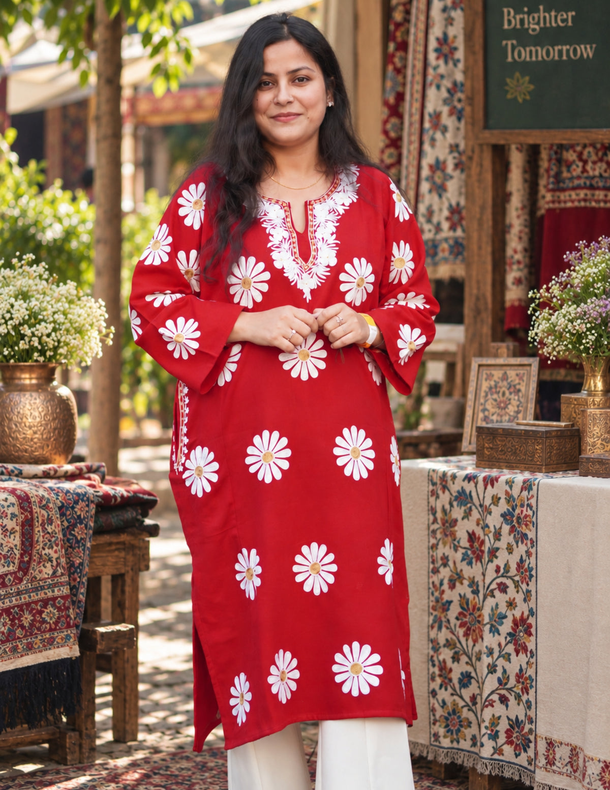 Kashmiri White Aari &amp; Silver Zari Embroidered Woollen Phiran – Maroon | Timeless Winter Wear