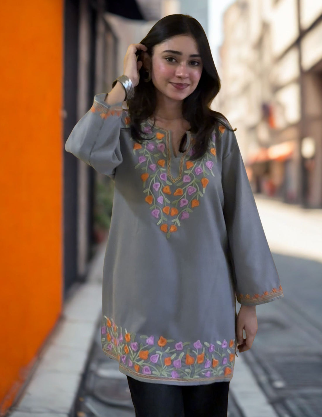 Grey Kashmiri Aari Embroidered Cotton Kurti for Women | Multicolor Ethnic Wear - Kashmir Box