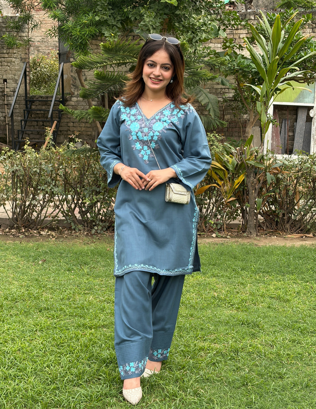 Slate Blue Kashmiri Aari Embroidered Ruby Cotton Co-ord Set for Women | Bahaar Collection 2025