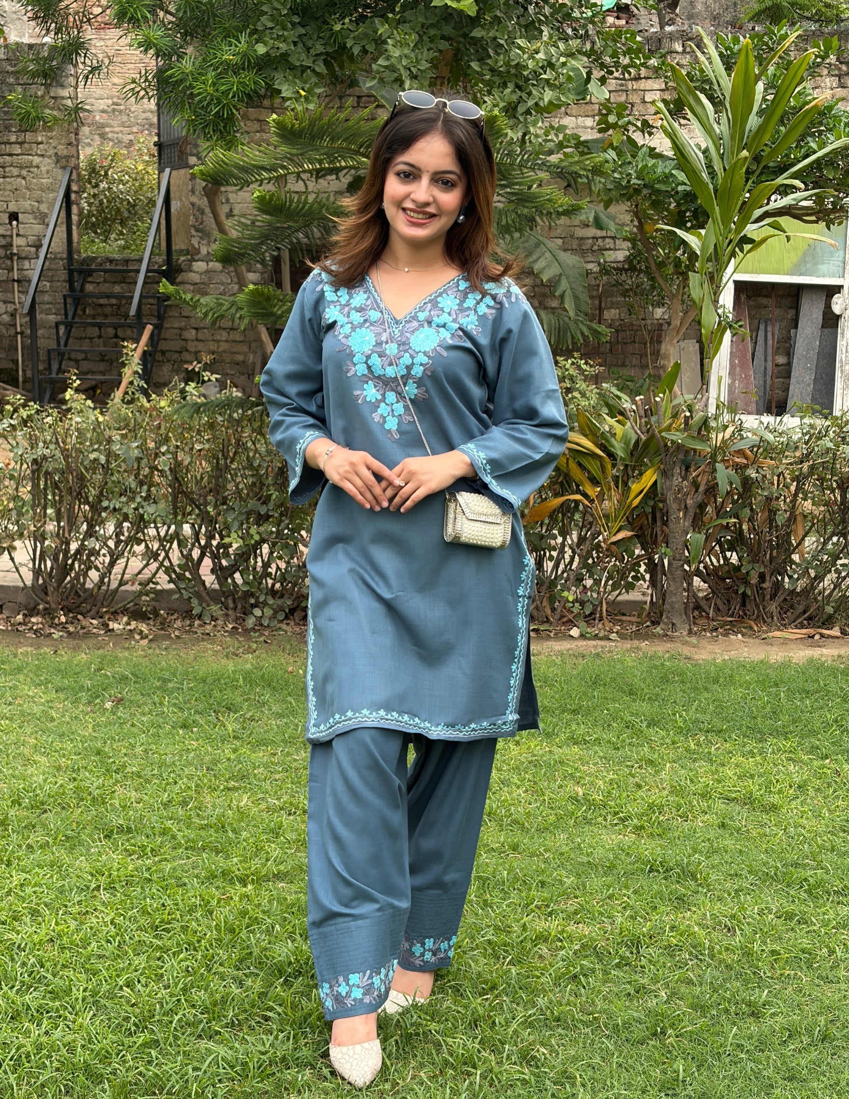 Slate Blue Kashmiri Aari Embroidered Ruby Cotton Co-ord Set for Women | Bahaar Collection 2025